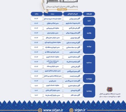 روی خط شهر؛ جدول زمانی پاسخگویی تلفنی مدیران شهرداری سیرجان در مرکز ۱۳۷ (مردادماه)